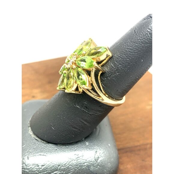 Green Gemstone Diamond Floral Cocktail Ring 14k Yellow Gold Womens Estate Size 7 - Picture 8 of 15